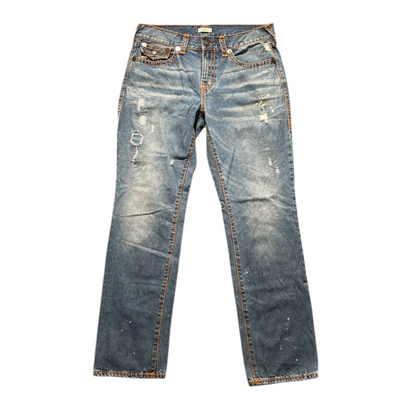 True Religion Ricky Relaxed Straight Blue Denim Distressed Mens Jeans Size 34 in - Picture 1 of 7